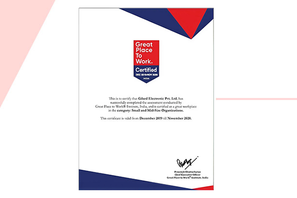 Great Place to Work Certificate issued in December 2019